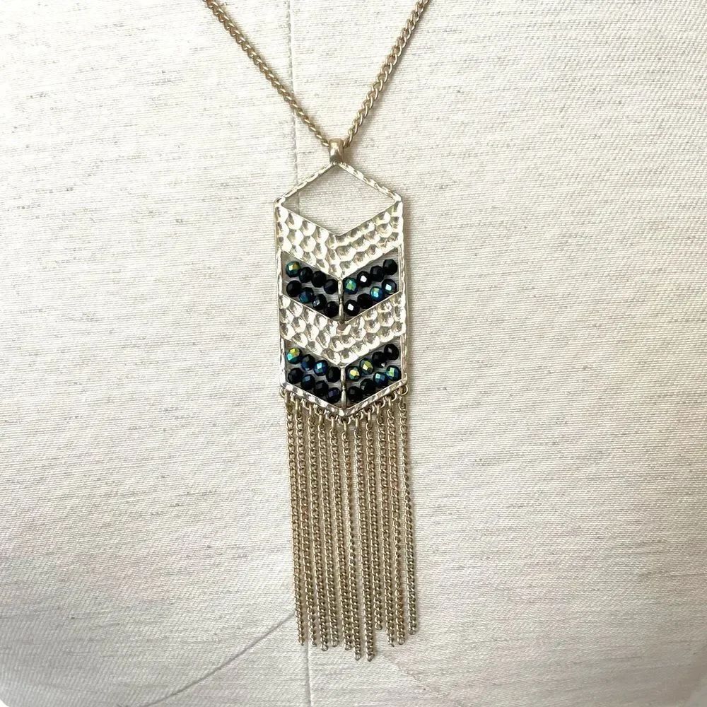 Gold tone beaded tassel pendant necklace